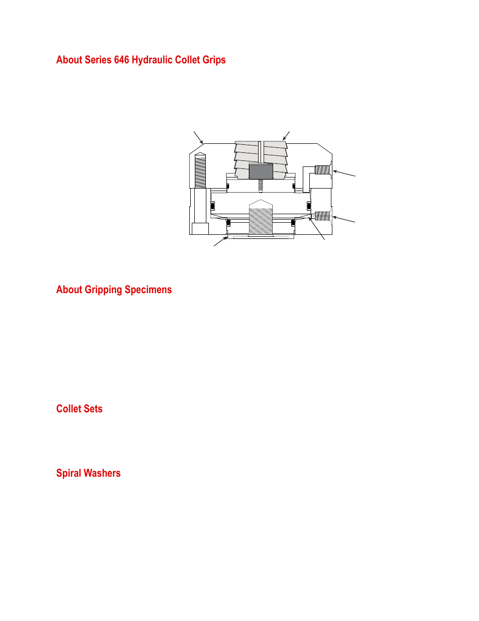 About series 646 hydraulic collet grips, About gripping specimens, Collet sets | Spiral washers, About series 646 hydraulic collet grips 16, About gripping specimens 16, Collet sets 16, Spiral washers 16 | MTS Series 646 Hydraulic Collet Grips User Manual | Page 16 / 68