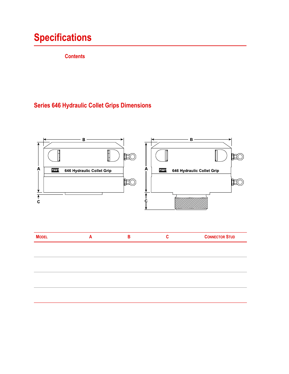 Specifications, Series 646 hydraulic collet grips dimensions, Specifications 18 | Series 646 hydraulic collet grips dimensions 18 | MTS Series 646 Hydraulic Collet Grips User Manual | Page 18 / 68