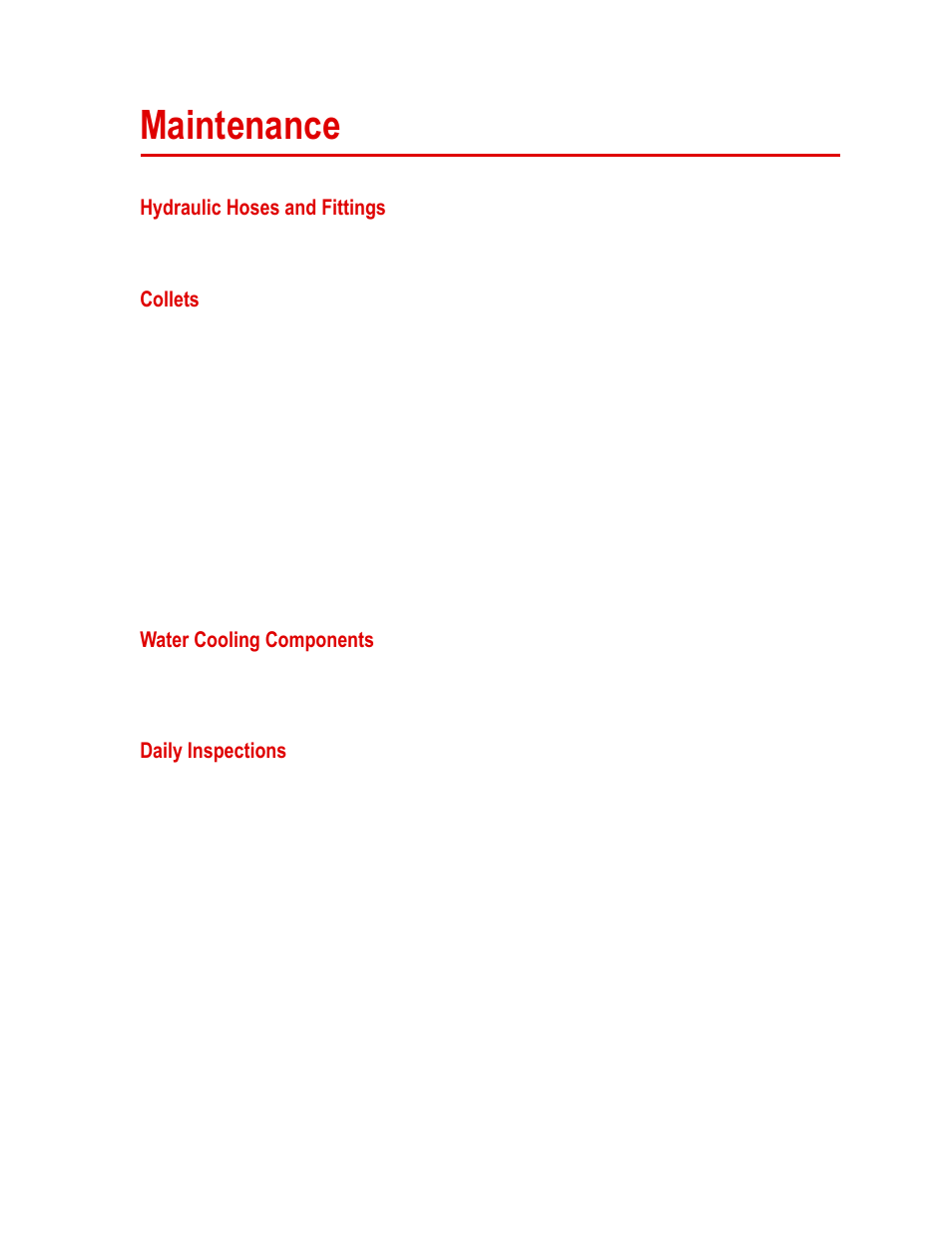 Maintenance, Hydraulic hoses and fittings, Collets | Water cooling components, Daily inspections, Maintenance 65, Hydraulic hoses and fittings 65, Collets 65, Water cooling components 65, Daily inspections 65 | MTS Series 646 Hydraulic Collet Grips User Manual | Page 65 / 68