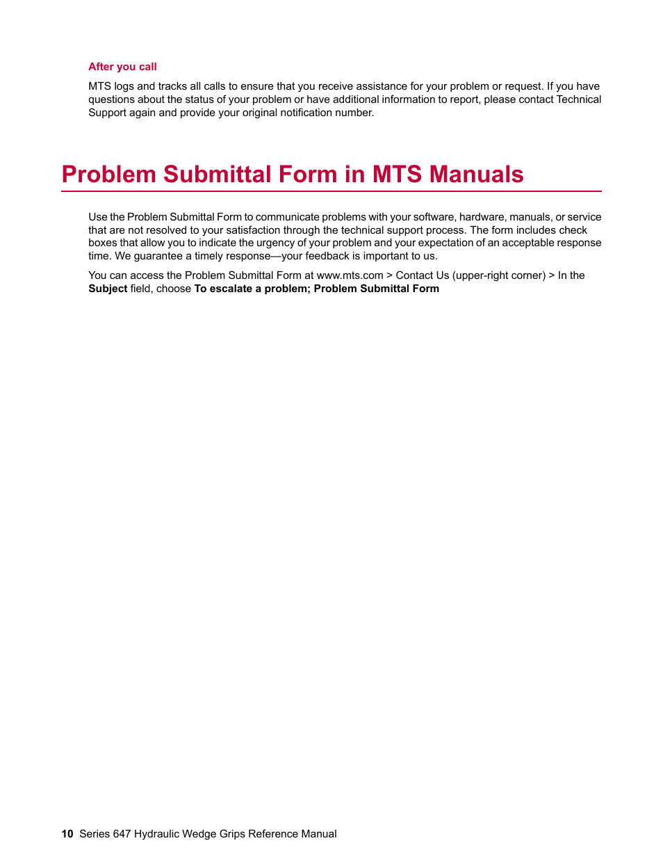 Problem submittal form in mts manuals | MTS Series 647 Hydraulic Wedge Grips User Manual | Page 10 / 96