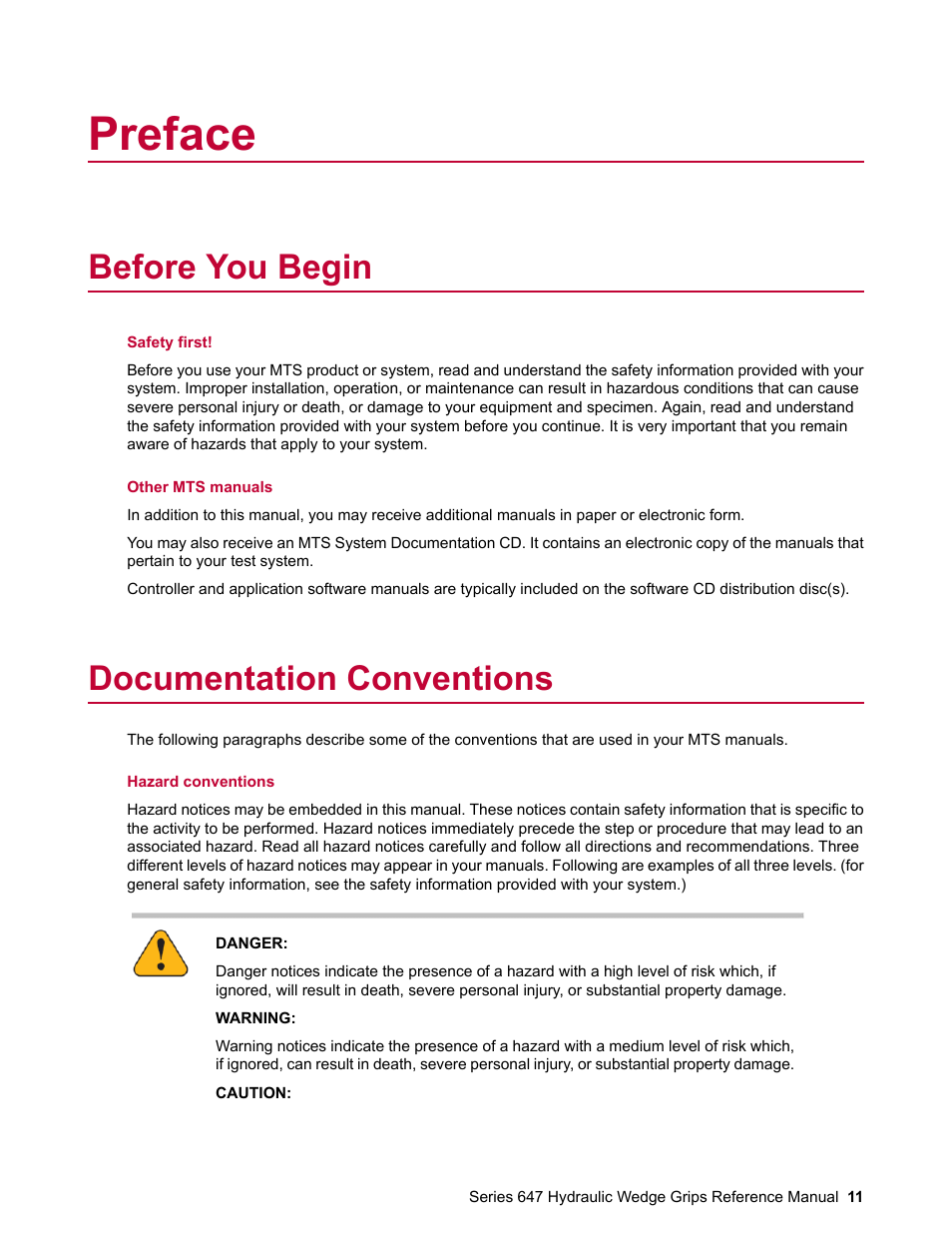 Preface, Before you begin, Documentation conventions | MTS Series 647 Hydraulic Wedge Grips User Manual | Page 11 / 96