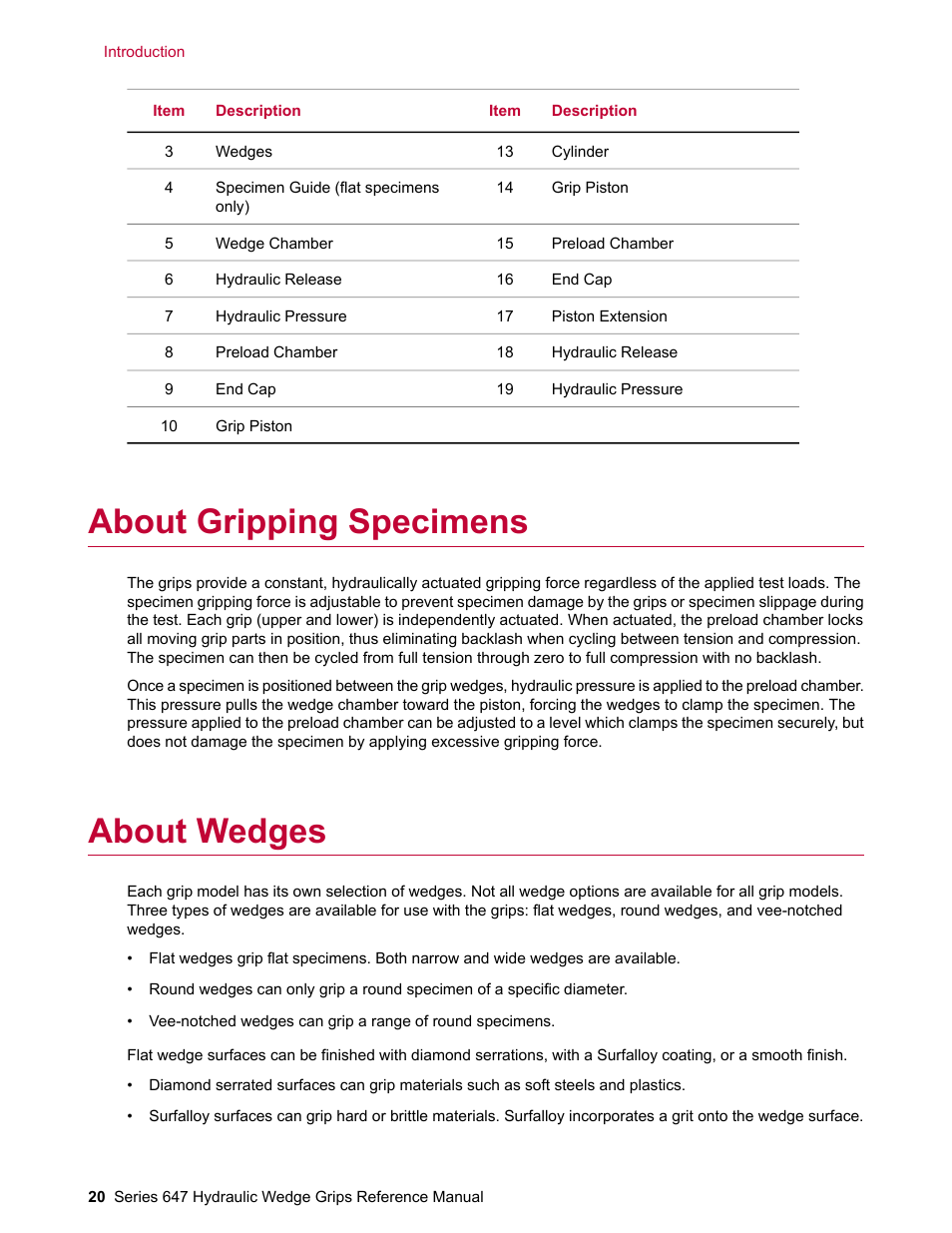 About gripping specimens, About wedges | MTS Series 647 Hydraulic Wedge Grips User Manual | Page 20 / 96