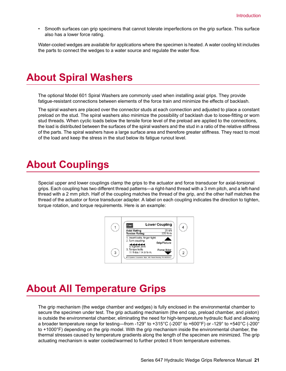 About spiral washers, About couplings, About all temperature grips | MTS Series 647 Hydraulic Wedge Grips User Manual | Page 21 / 96