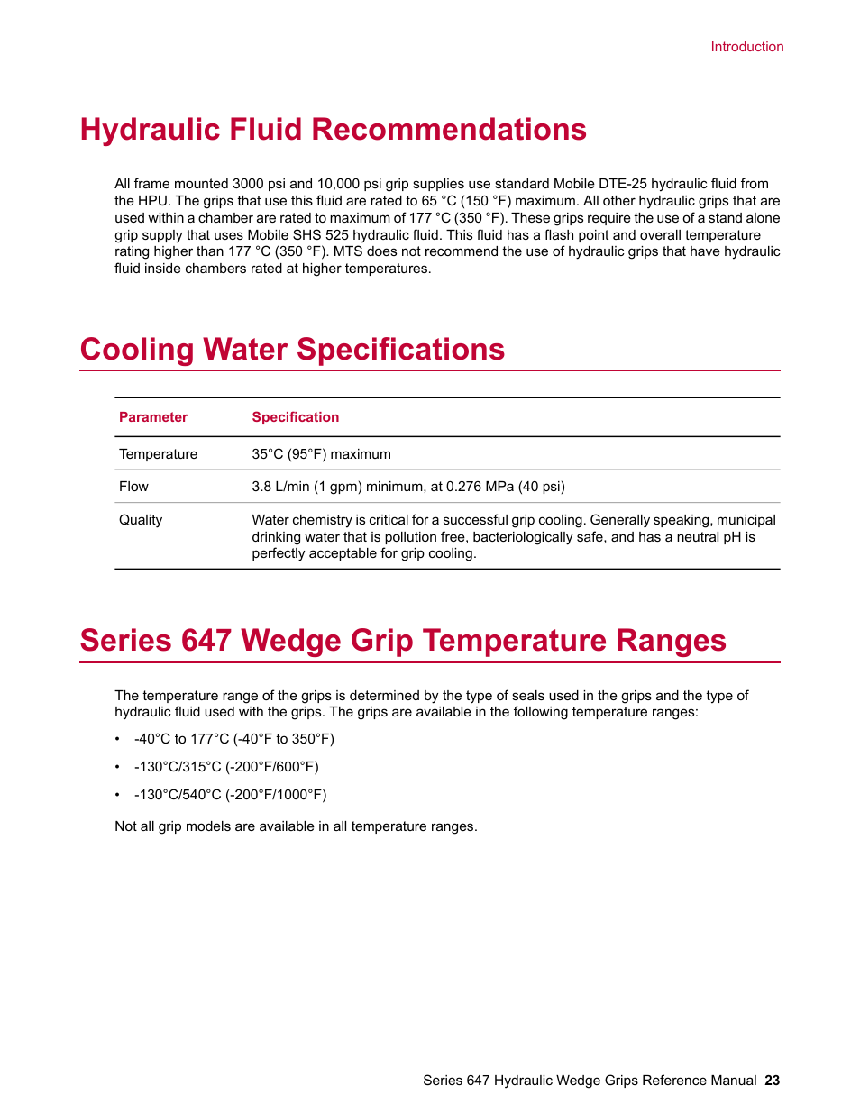Hydraulic fluid recommendations, Cooling water specifications, Series 647 wedge grip temperature ranges | MTS Series 647 Hydraulic Wedge Grips User Manual | Page 23 / 96