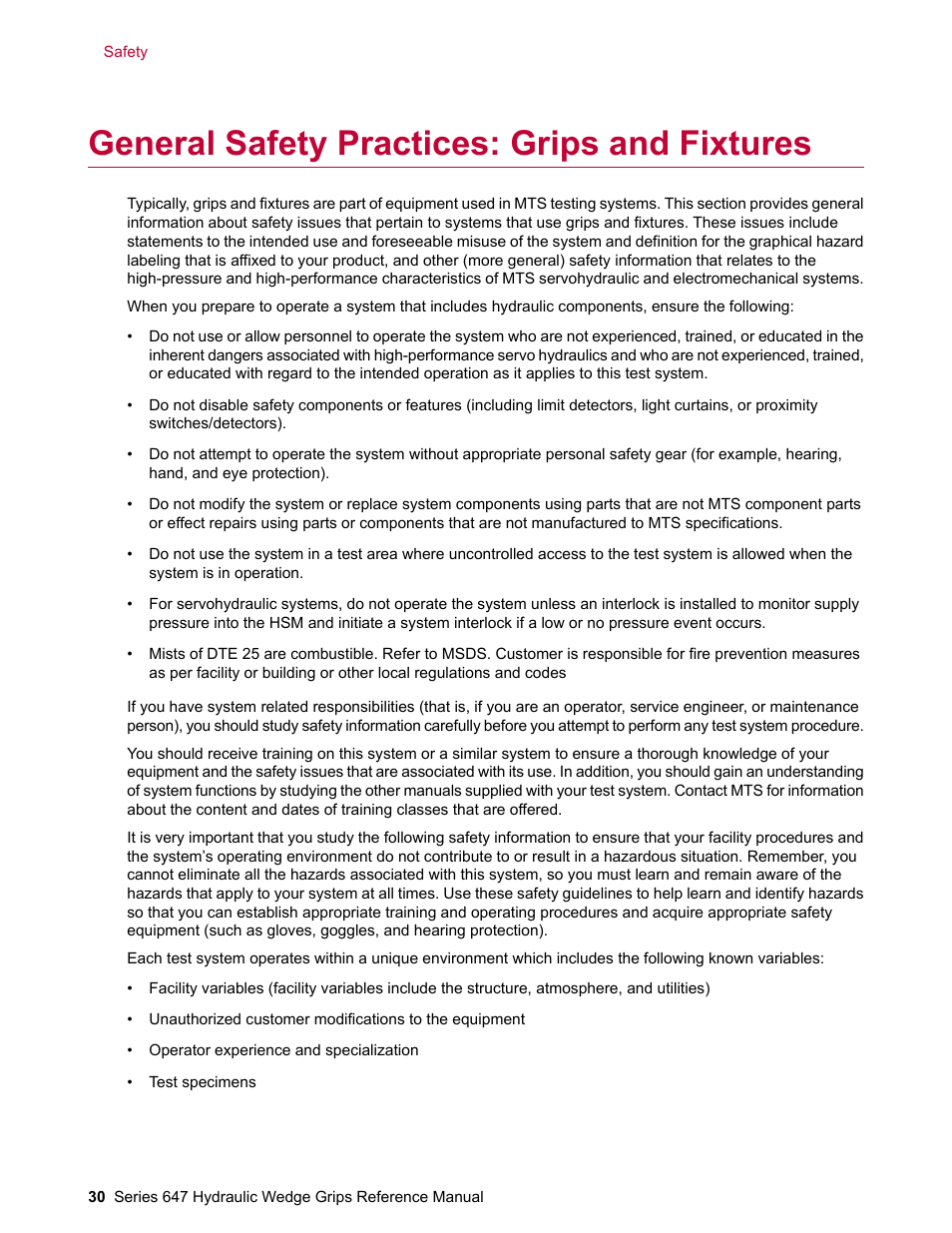 General safety practices: grips and fixtures | MTS Series 647 Hydraulic Wedge Grips User Manual | Page 30 / 96