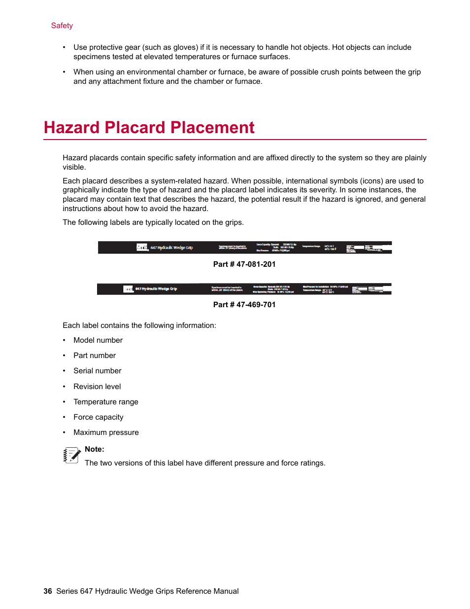 Hazard placard placement | MTS Series 647 Hydraulic Wedge Grips User Manual | Page 36 / 96