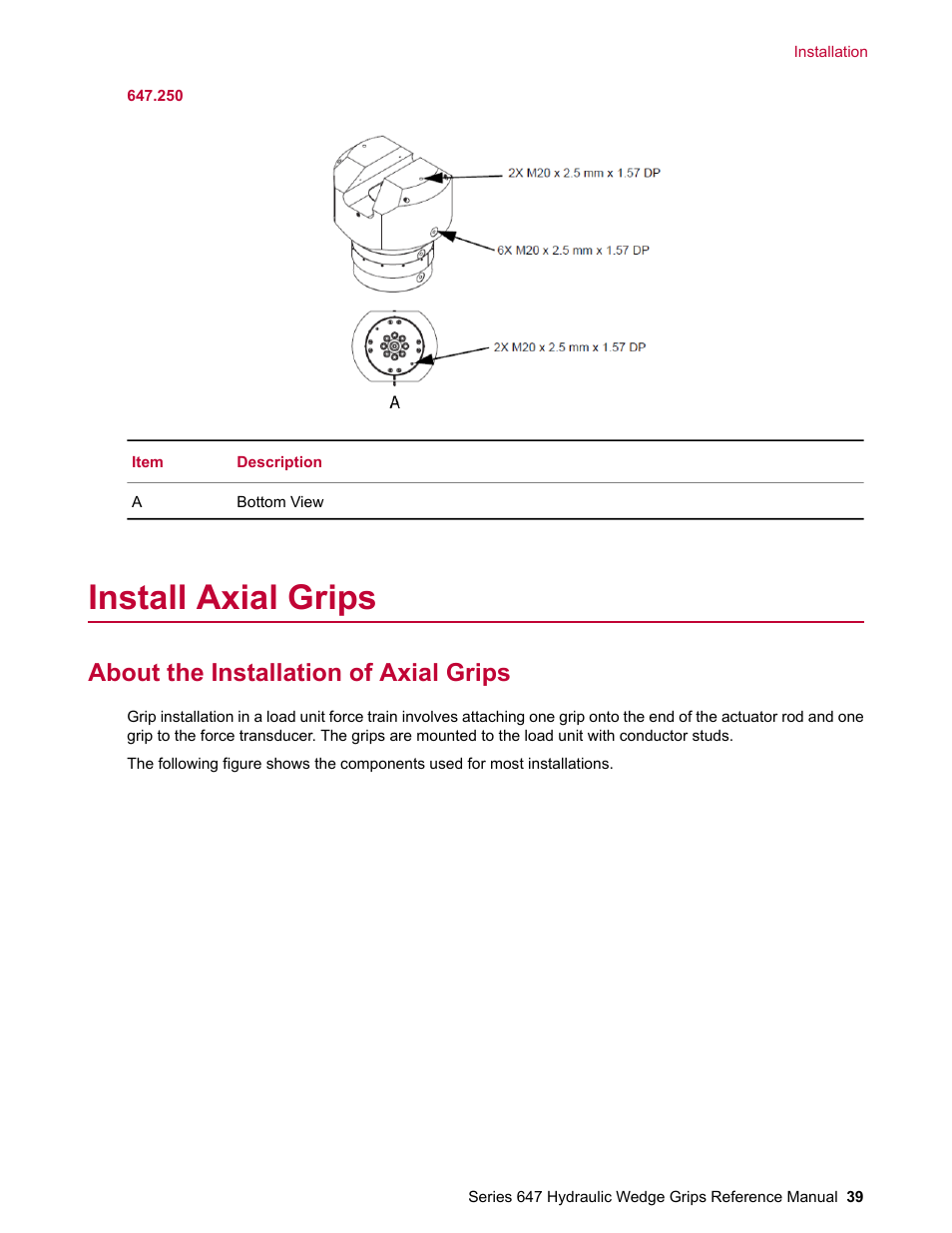 Install axial grips, About the installation of axial grips | MTS Series 647 Hydraulic Wedge Grips User Manual | Page 39 / 96