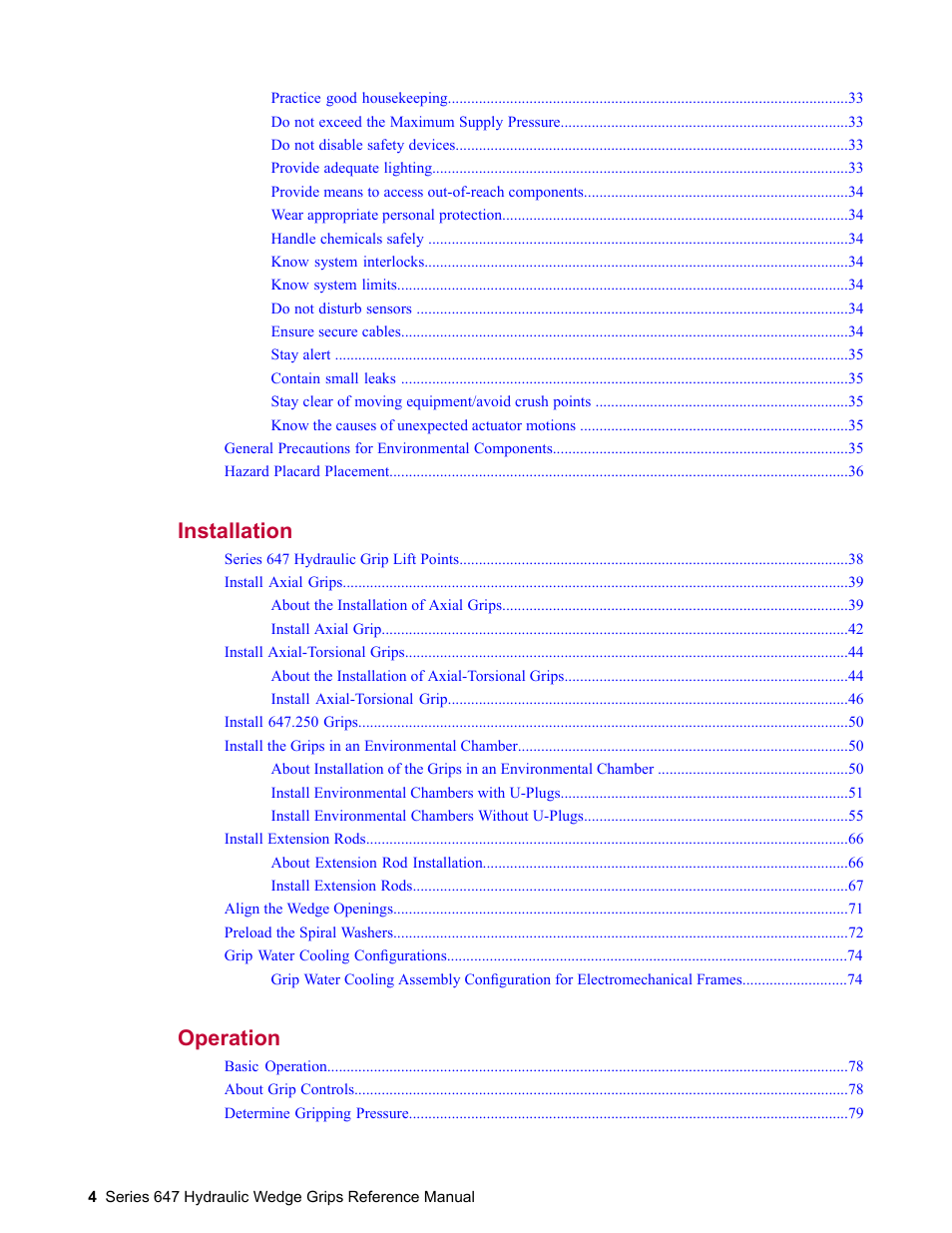Installation 37, Operation 77 | MTS Series 647 Hydraulic Wedge Grips User Manual | Page 4 / 96