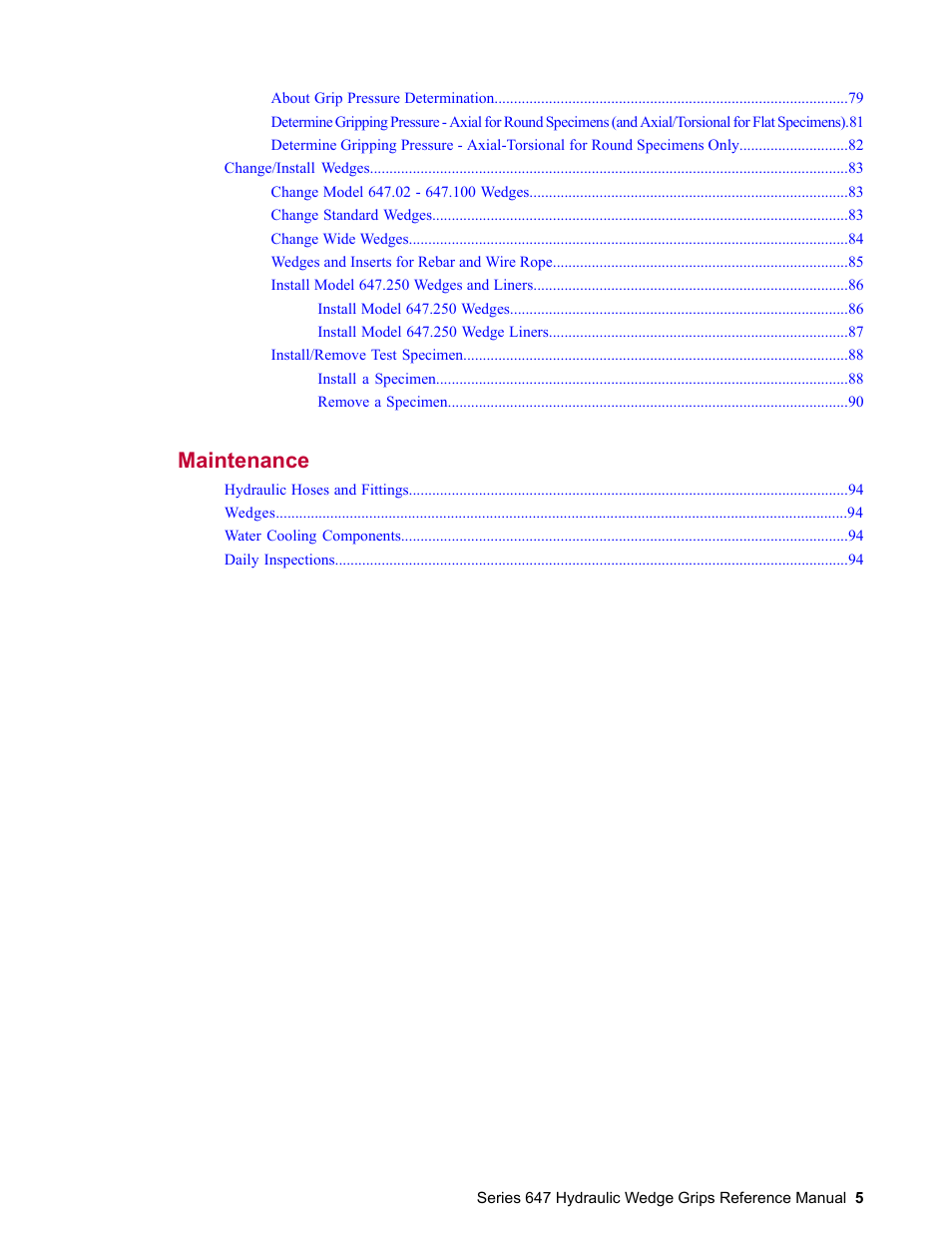 Maintenance 93 | MTS Series 647 Hydraulic Wedge Grips User Manual | Page 5 / 96