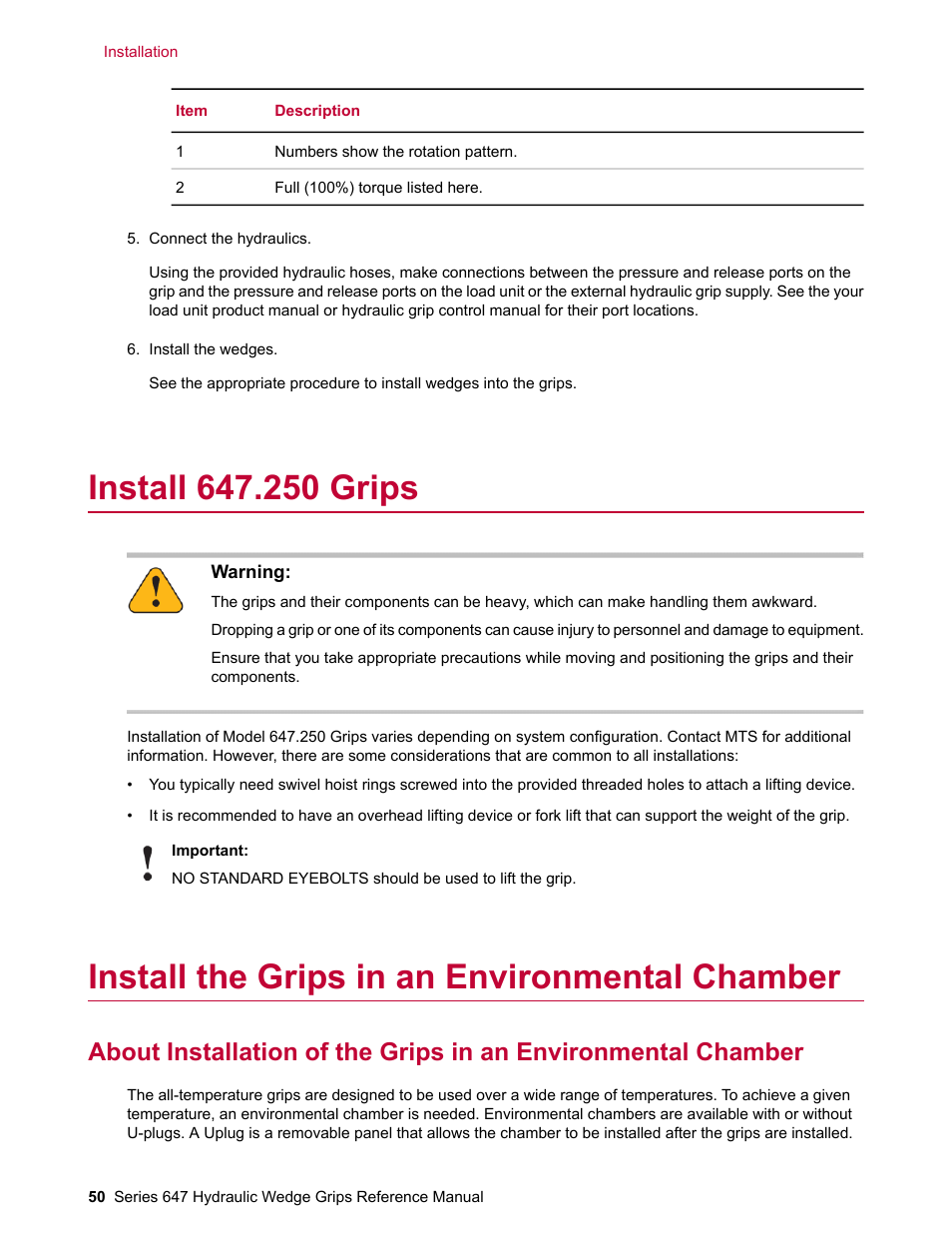 Install 647.250 grips, Install the grips in an environmental chamber | MTS Series 647 Hydraulic Wedge Grips User Manual | Page 50 / 96
