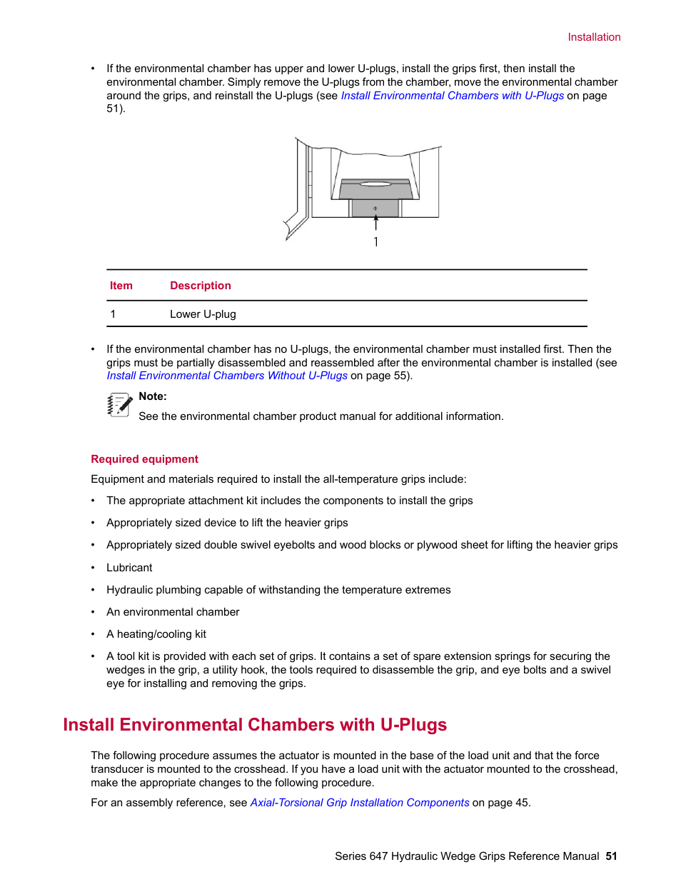 Install environmental chambers with u-plugs | MTS Series 647 Hydraulic Wedge Grips User Manual | Page 51 / 96