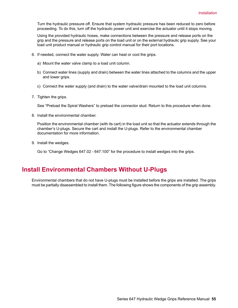 Install environmental chambers without u-plugs | MTS Series 647 Hydraulic Wedge Grips User Manual | Page 55 / 96