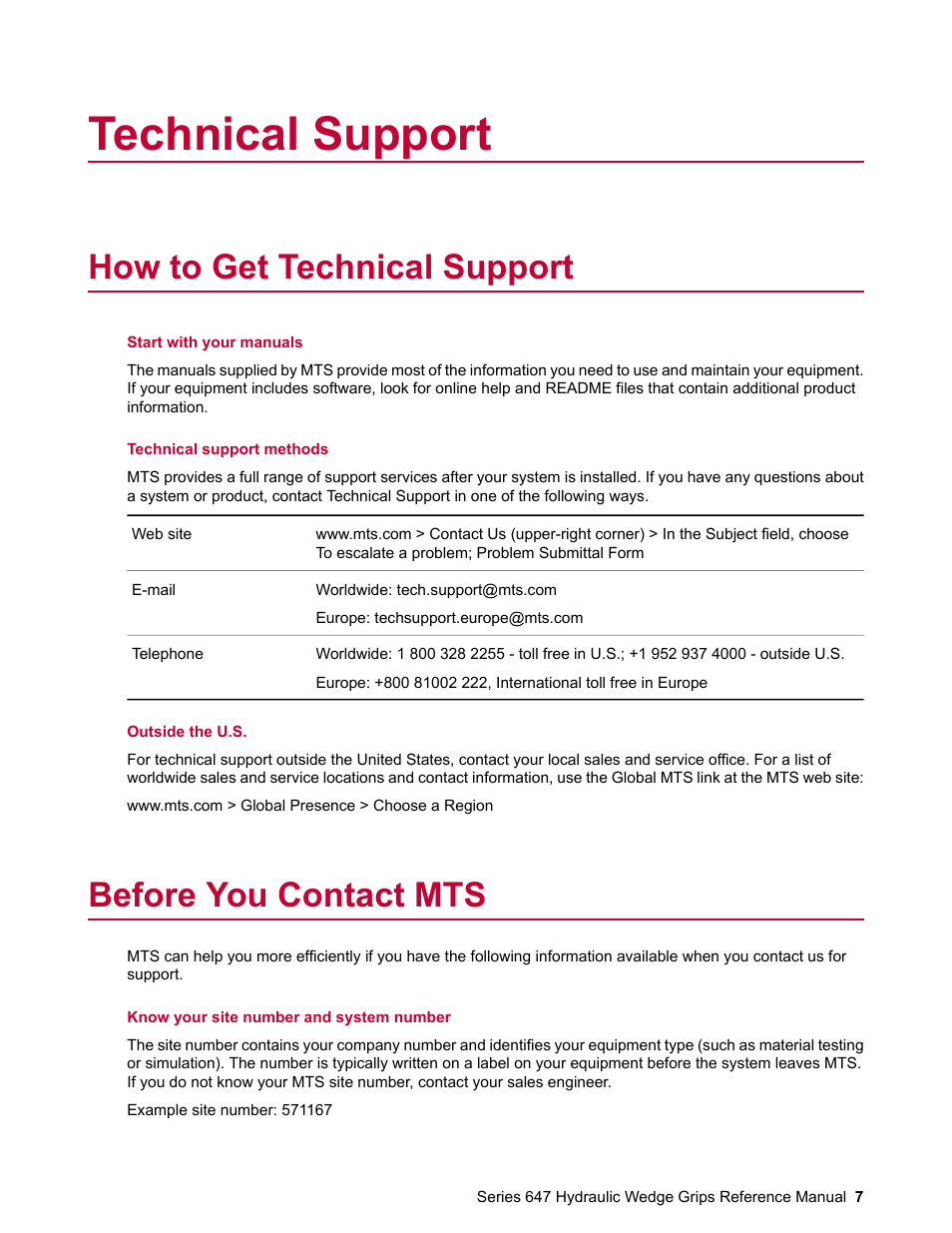 Technical support, How to get technical support, Before you contact mts | MTS Series 647 Hydraulic Wedge Grips User Manual | Page 7 / 96