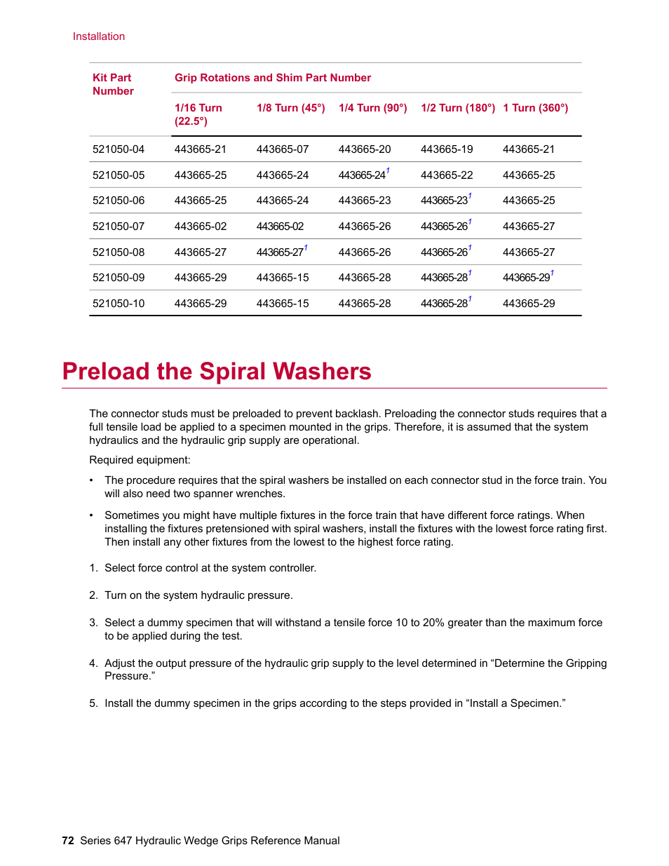 Preload the spiral washers | MTS Series 647 Hydraulic Wedge Grips User Manual | Page 72 / 96