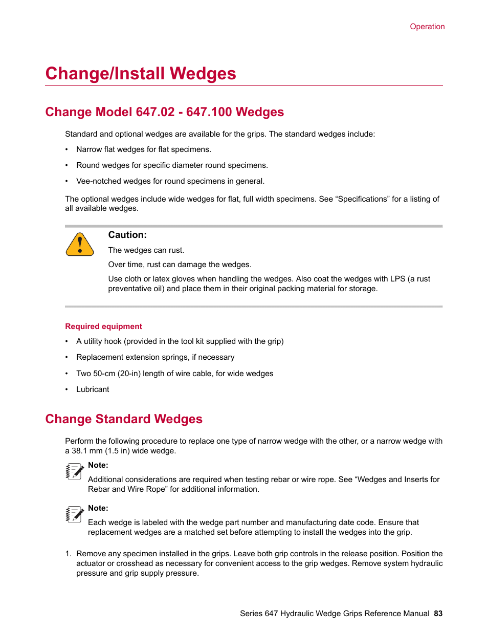Change/install wedges, Change model 647.02 - 647.100 wedges, Change standard wedges | MTS Series 647 Hydraulic Wedge Grips User Manual | Page 83 / 96