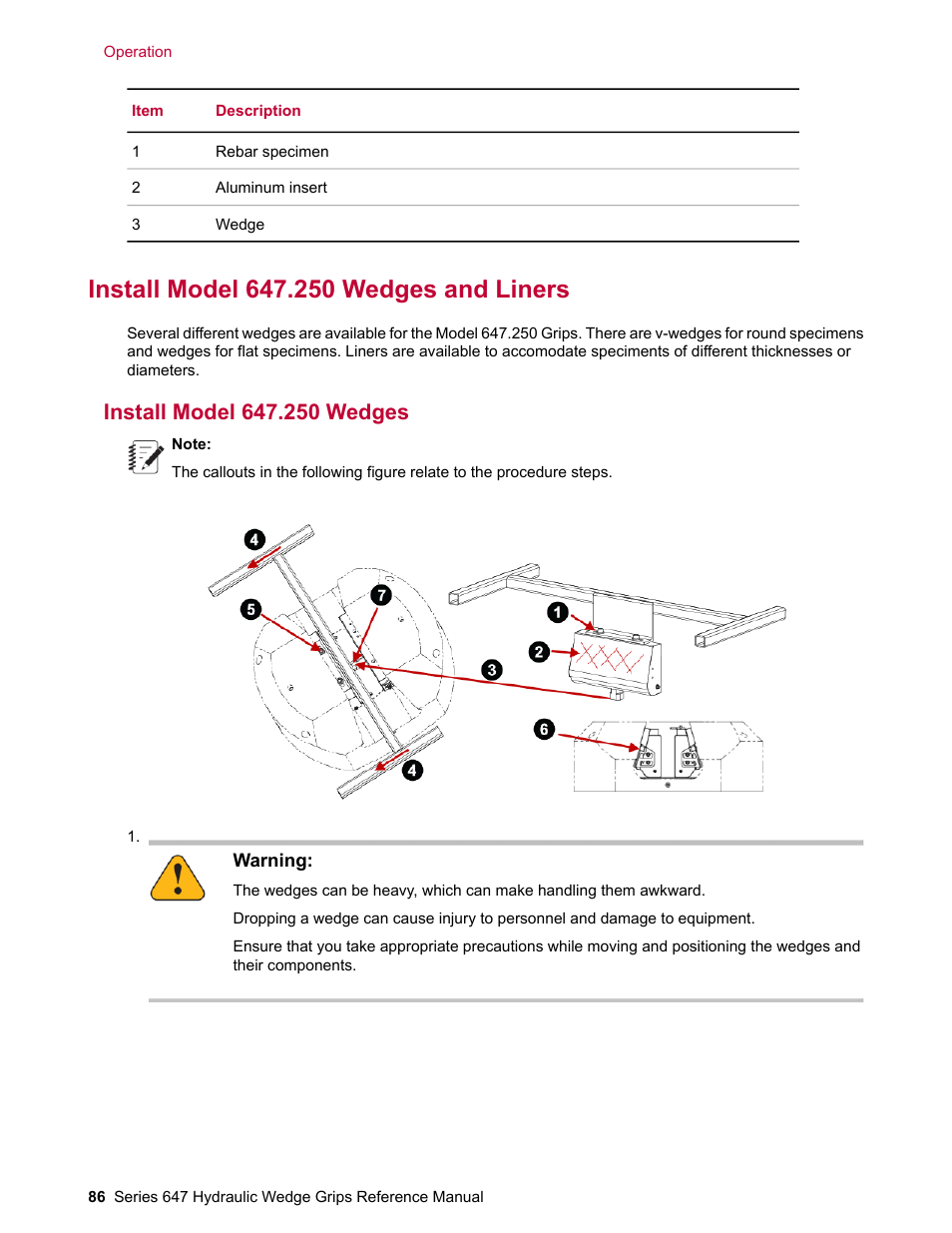 Install model 647.250 wedges and liners, Install model 647.250 wedges | MTS Series 647 Hydraulic Wedge Grips User Manual | Page 86 / 96