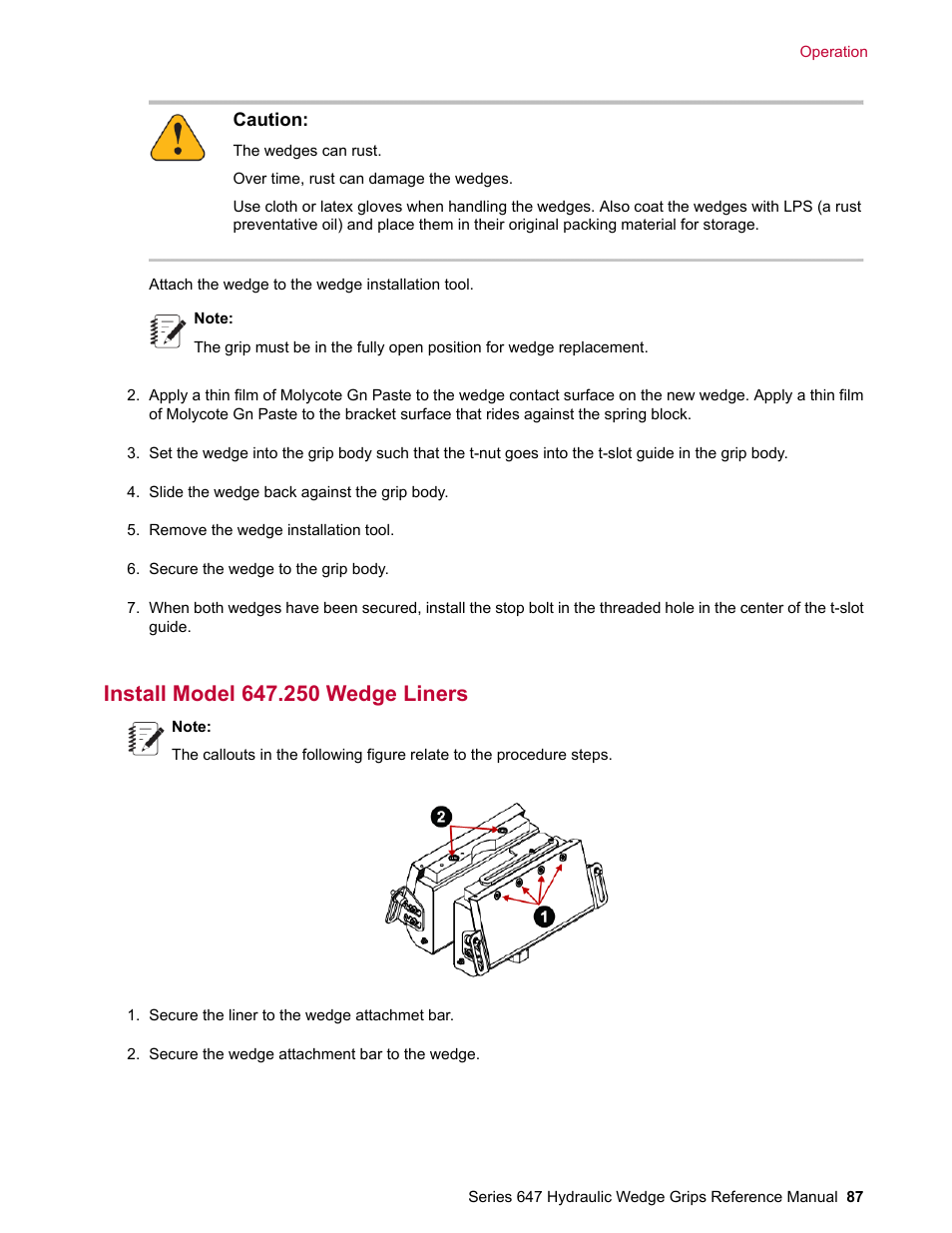 Install model 647.250 wedge liners | MTS Series 647 Hydraulic Wedge Grips User Manual | Page 87 / 96