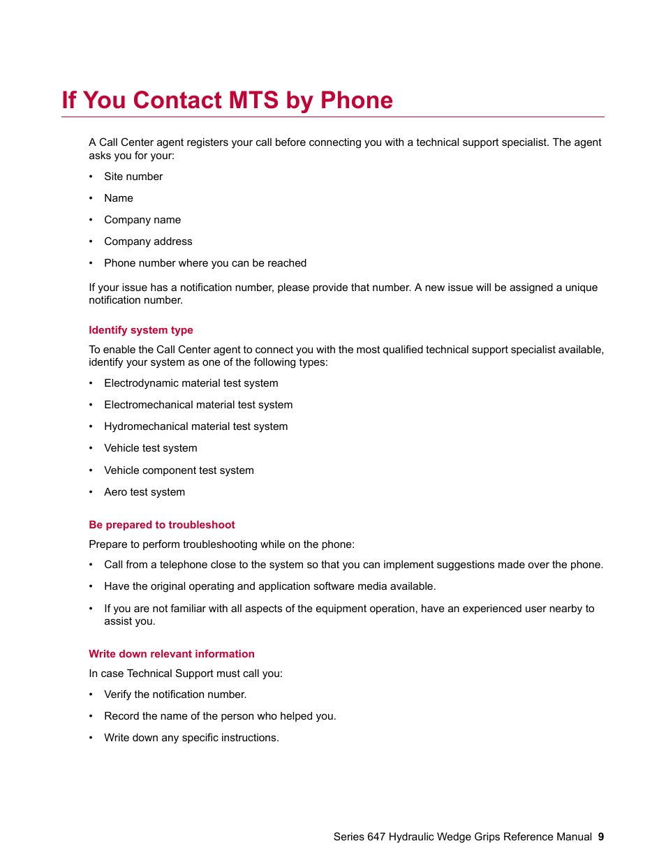 If you contact mts by phone | MTS Series 647 Hydraulic Wedge Grips User Manual | Page 9 / 96