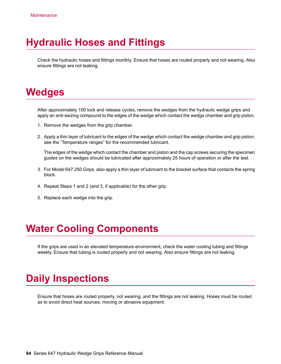 Hydraulic hoses and fittings, Wedges, Water cooling components | Daily inspections | MTS Series 647 Hydraulic Wedge Grips User Manual | Page 94 / 96