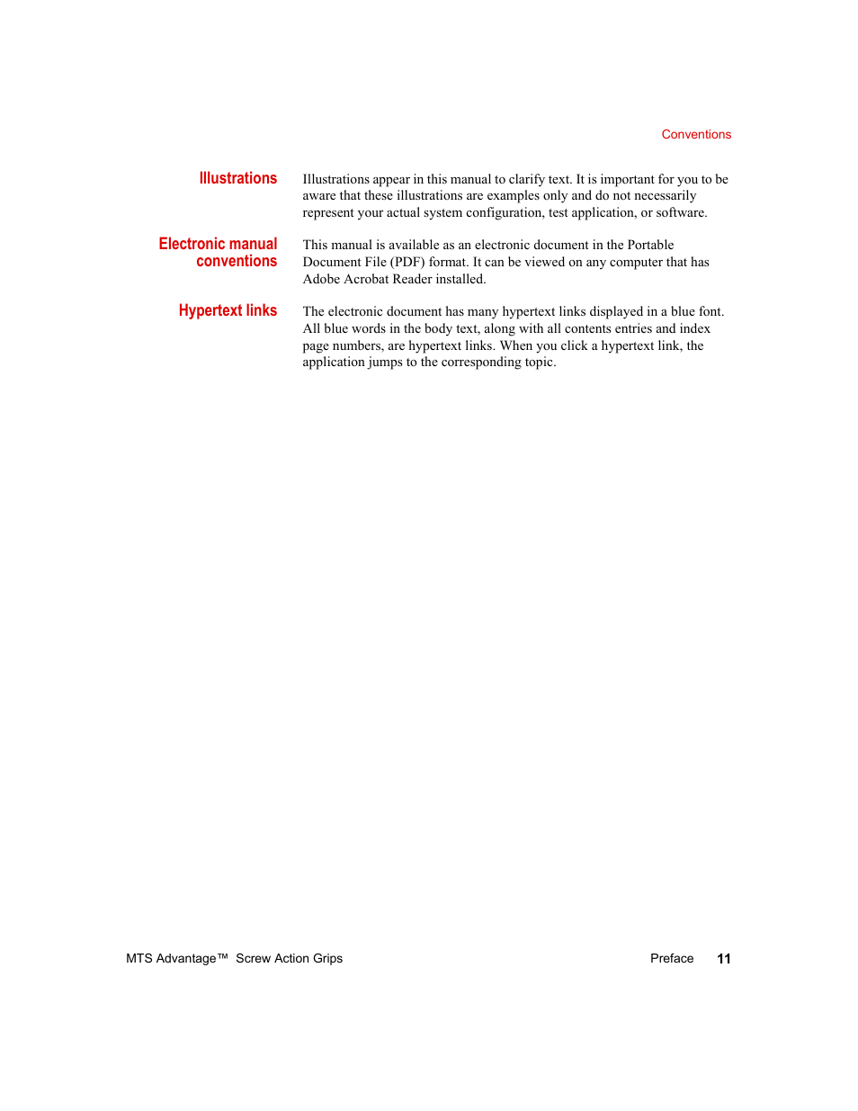 Illustrations, Electronic manual conventions, Hypertext links | MTS Advantage Screw Action Grip User Manual | Page 11 / 46