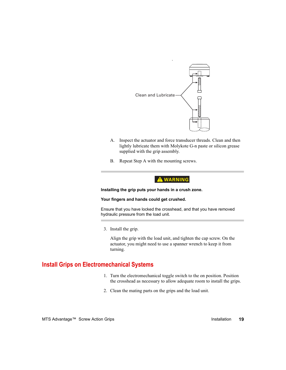 Install grips on electromechanical systems, Install grips on electromechanical systems 19 | MTS Advantage Screw Action Grip User Manual | Page 19 / 46
