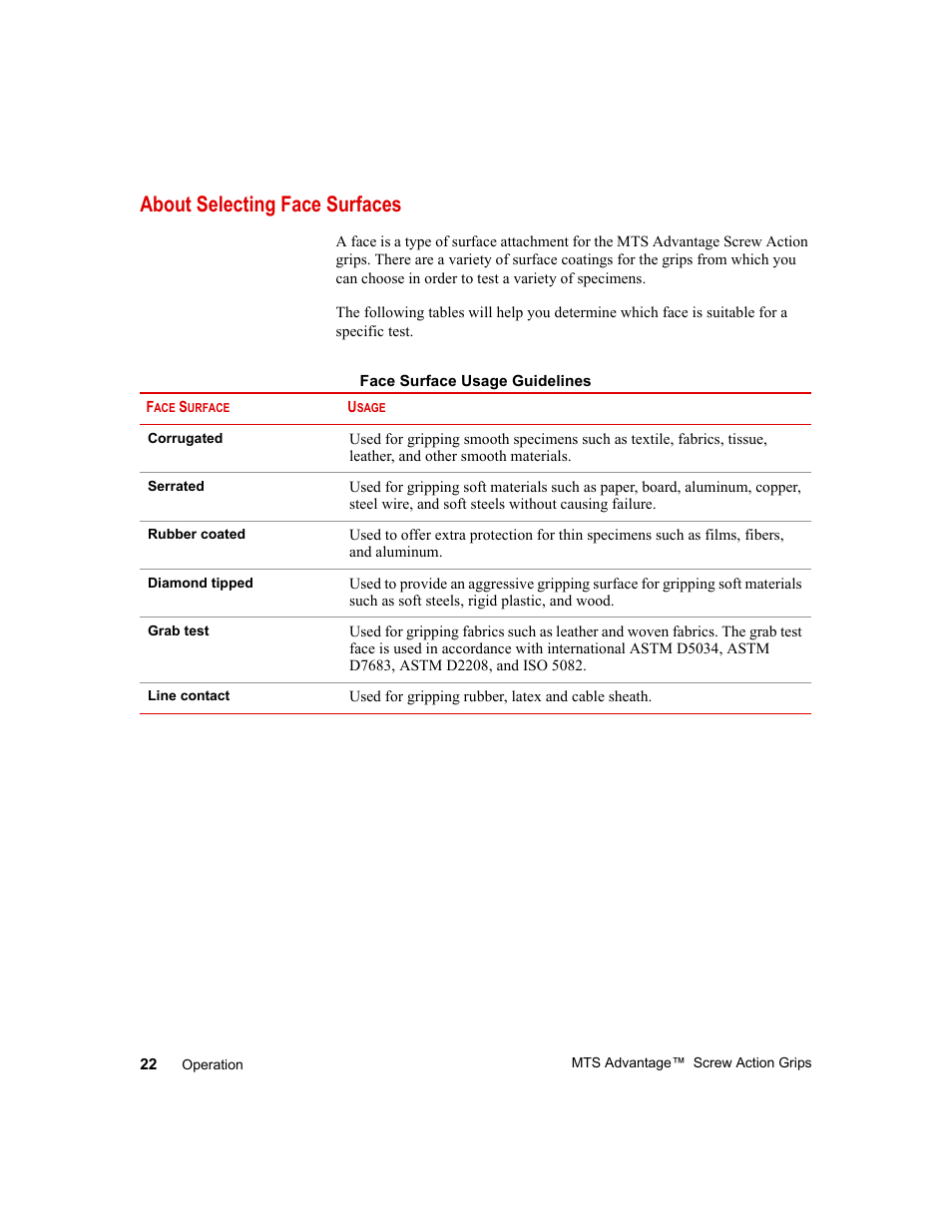 About selecting face surfaces, About selecting face surfaces 22 | MTS Advantage Screw Action Grip User Manual | Page 22 / 46
