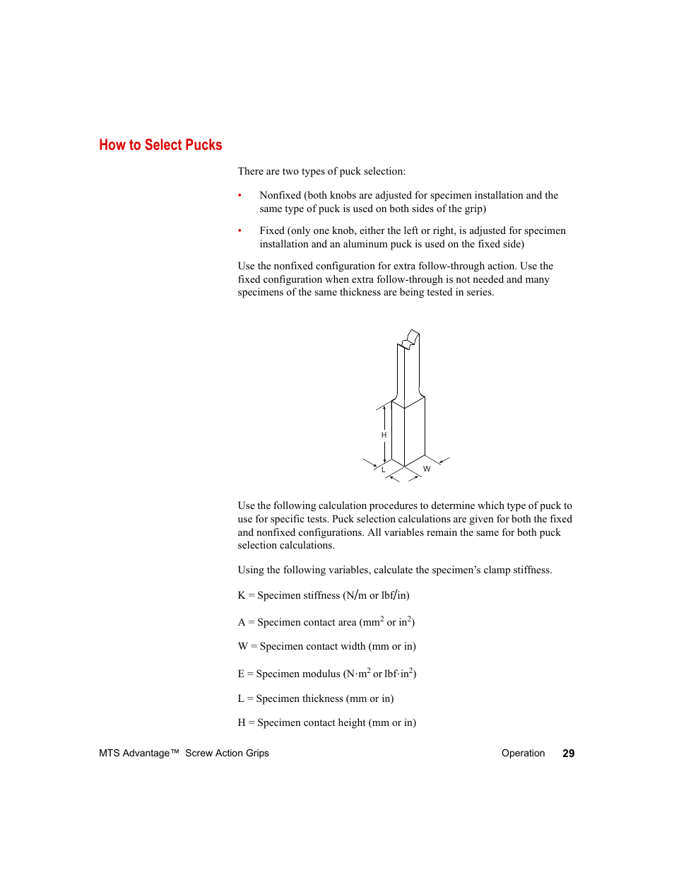 How to select pucks, How to select pucks 29 | MTS Advantage Screw Action Grip User Manual | Page 29 / 46