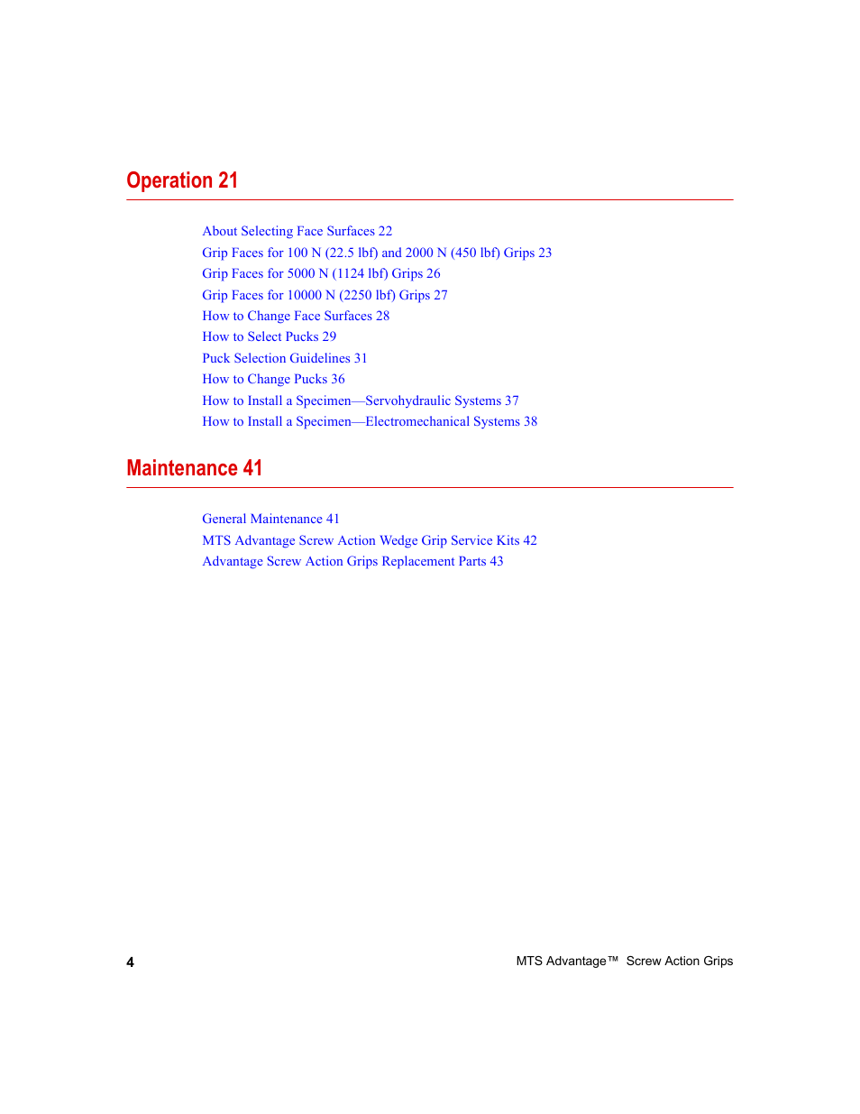 Operation 21, Maintenance 41 | MTS Advantage Screw Action Grip User Manual | Page 4 / 46
