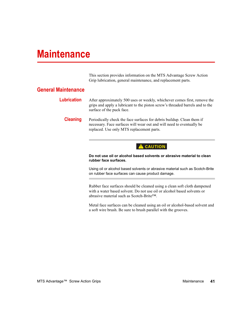 Maintenance, General maintenance, Lubrication | Cleaning, Maintenance 41, General maintenance 41 | MTS Advantage Screw Action Grip User Manual | Page 41 / 46