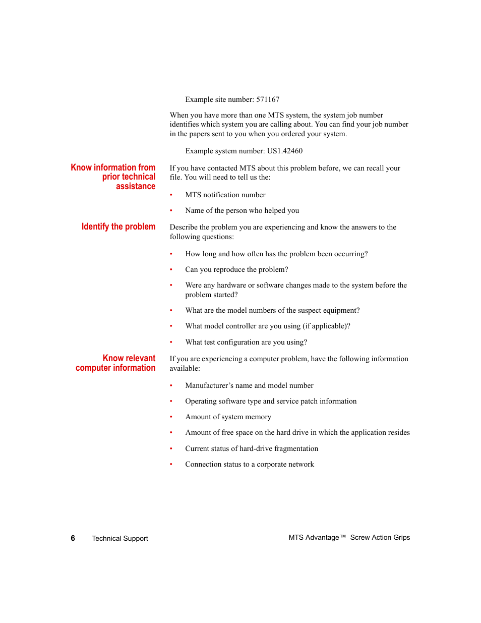 Know information from prior technical assistance, Identify the problem, Know relevant computer information | MTS Advantage Screw Action Grip User Manual | Page 6 / 46