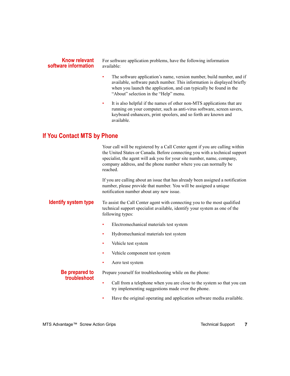 Know relevant software information, If you contact mts by phone, Identify system type | Be prepared to troubleshoot, If you contact mts by phone 7 | MTS Advantage Screw Action Grip User Manual | Page 7 / 46