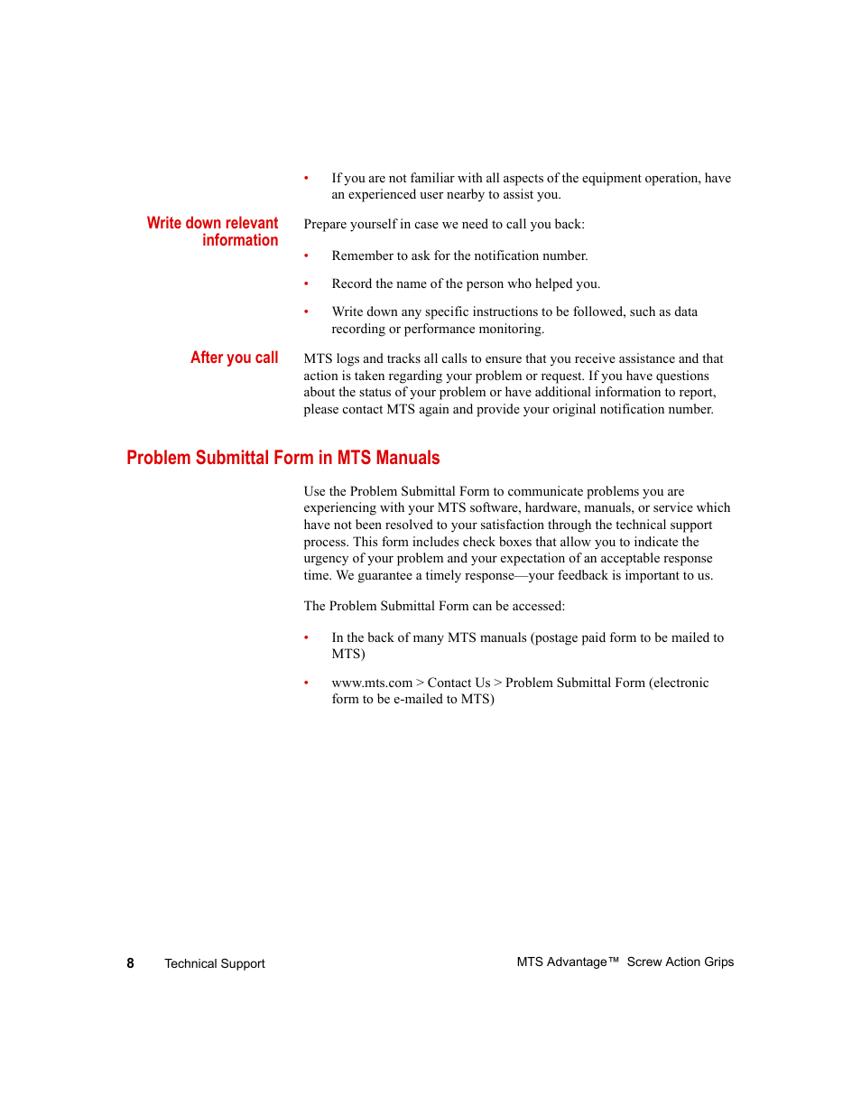 Write down relevant information, After you call, Problem submittal form in mts manuals | Problem submittal form in mts manuals 8 | MTS Advantage Screw Action Grip User Manual | Page 8 / 46