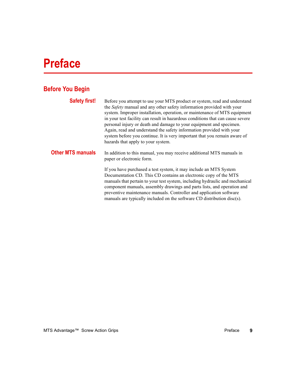 Preface, Before you begin, Safety first | Other mts manuals, Preface 9, Before you begin 9 | MTS Advantage Screw Action Grip User Manual | Page 9 / 46