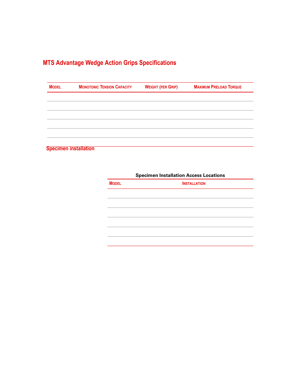 Mts advantage wedge action grips specifications, Specimen installation, Mts advantage wedge action grips specifications 17 | MTS Advantage Wedge Action Grips User Manual | Page 17 / 34