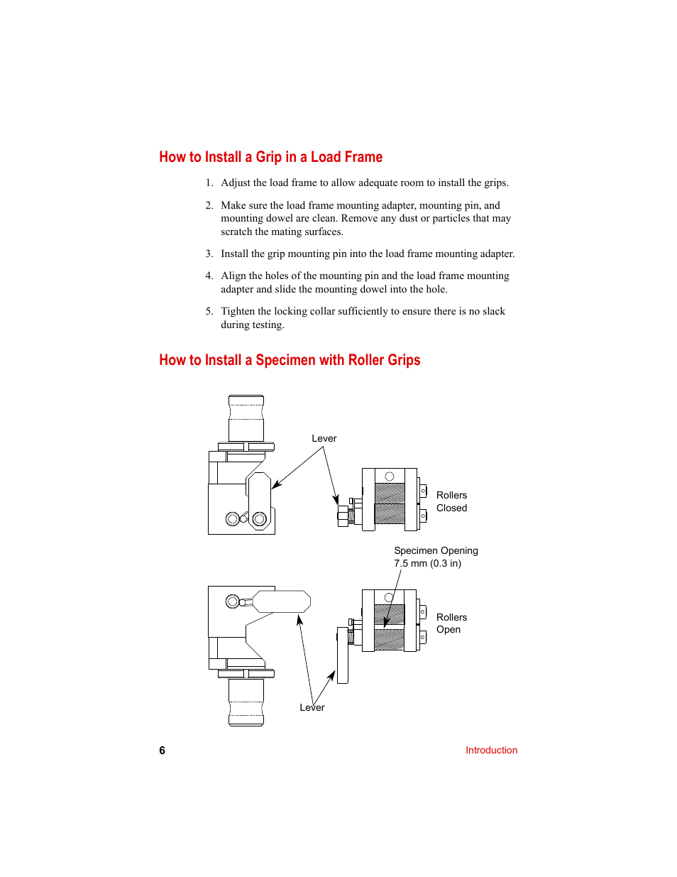 How to install a grip in a load frame, How to install a specimen with roller grips | MTS Eccentric Roller Grips User Manual | Page 6 / 12