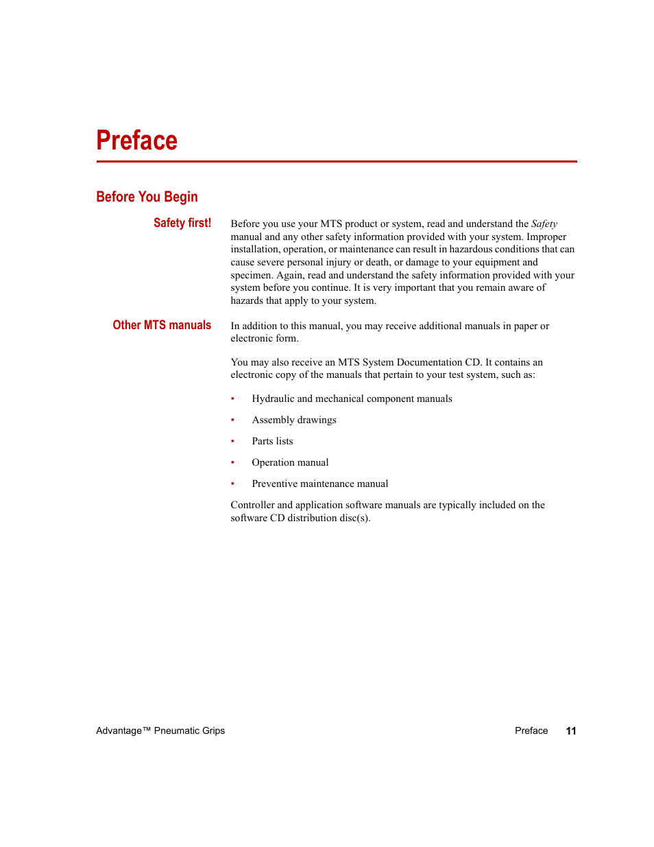 Preface, Before you begin, Preface 11 | Before you begin 11 | MTS Advantage Pneumatic Grips User Manual | Page 11 / 58