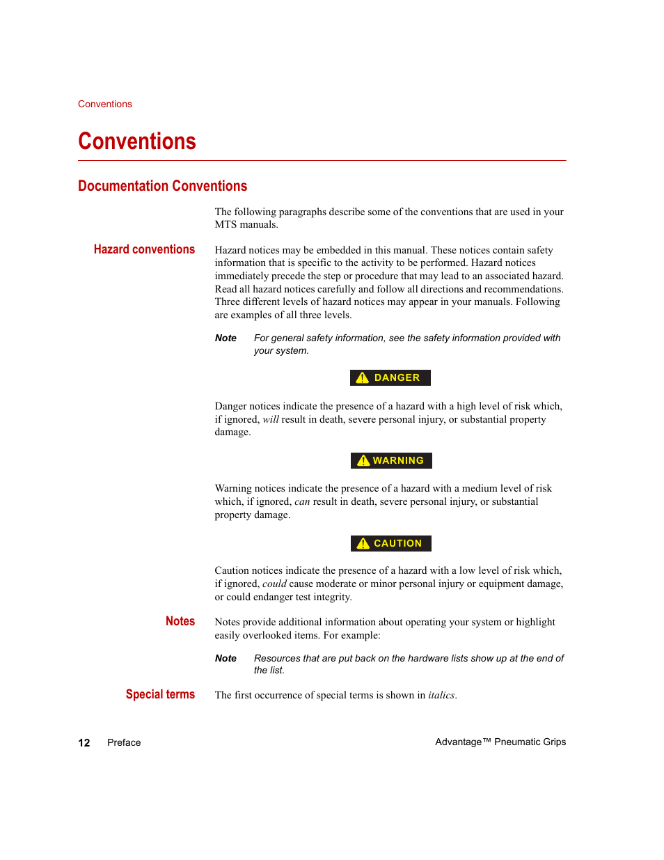 Conventions, Documentation conventions, Conventions 12 | Documentation conventions 12 | MTS Advantage Pneumatic Grips User Manual | Page 12 / 58