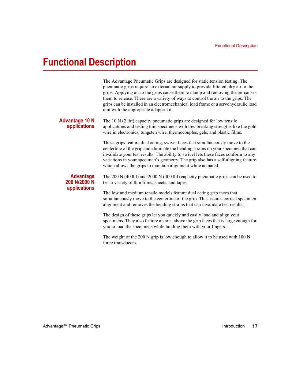 Functional description, Functional description 17 | MTS Advantage Pneumatic Grips User Manual | Page 17 / 58