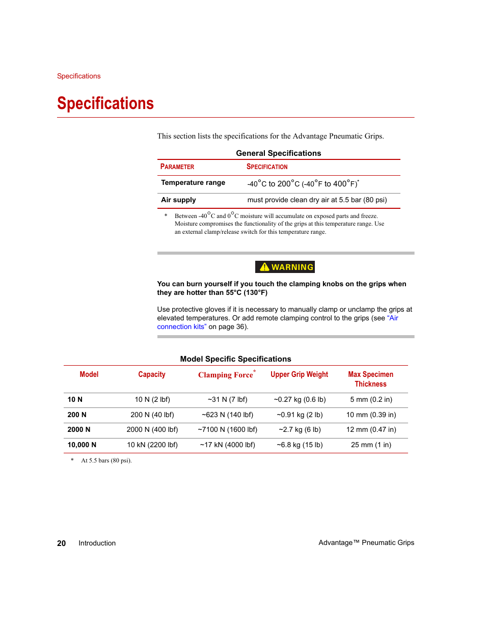 Specifications, Specifications 20 | MTS Advantage Pneumatic Grips User Manual | Page 20 / 58