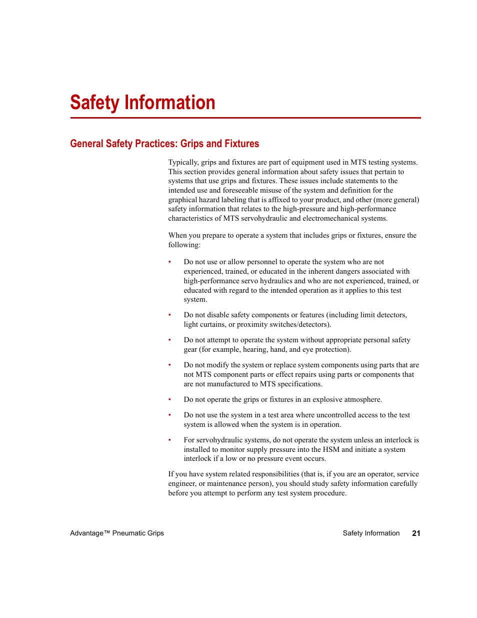 Safety information, General safety practices: grips and fixtures, Safety information 21 | General safety practices: grips and fixtures 21 | MTS Advantage Pneumatic Grips User Manual | Page 21 / 58