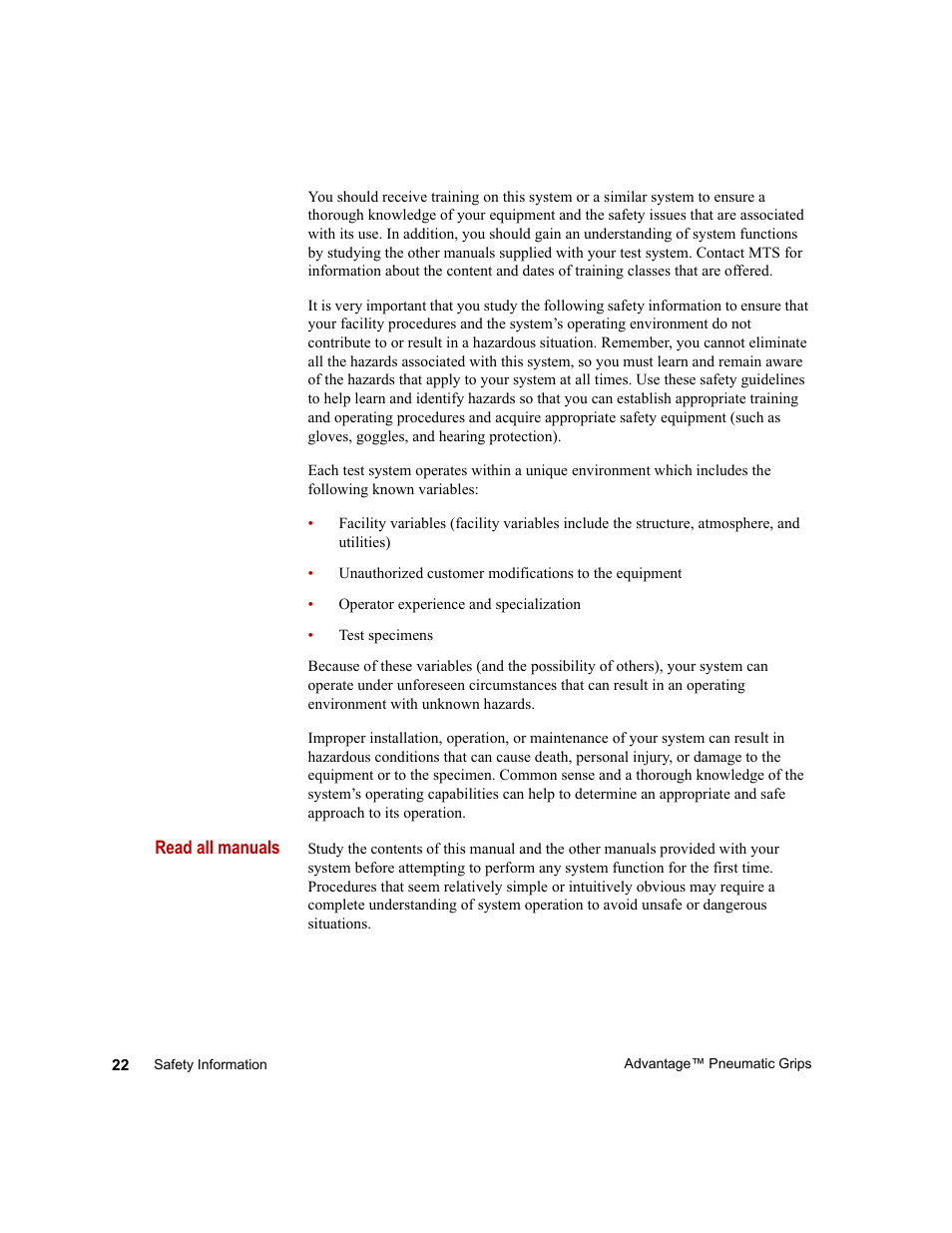 MTS Advantage Pneumatic Grips User Manual | Page 22 / 58
