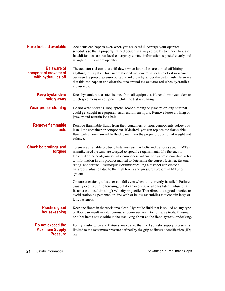MTS Advantage Pneumatic Grips User Manual | Page 24 / 58