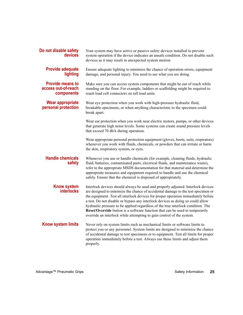 MTS Advantage Pneumatic Grips User Manual | Page 25 / 58