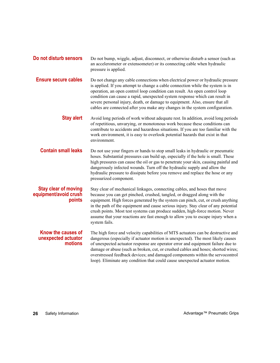 MTS Advantage Pneumatic Grips User Manual | Page 26 / 58