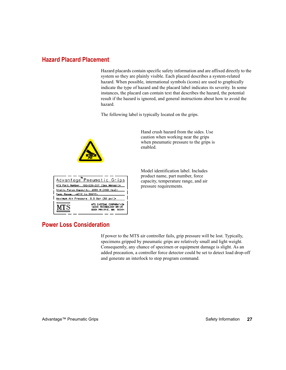 Hazard placard placement, Power loss consideration | MTS Advantage Pneumatic Grips User Manual | Page 27 / 58