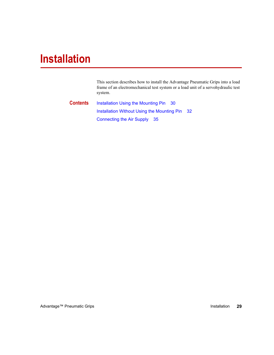 Installation, Installation 29 | MTS Advantage Pneumatic Grips User Manual | Page 29 / 58
