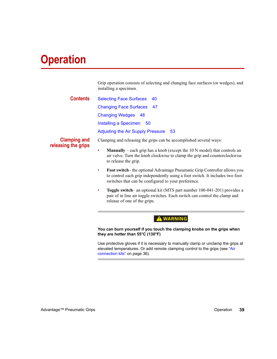 Operation, Operation 39 | MTS Advantage Pneumatic Grips User Manual | Page 39 / 58