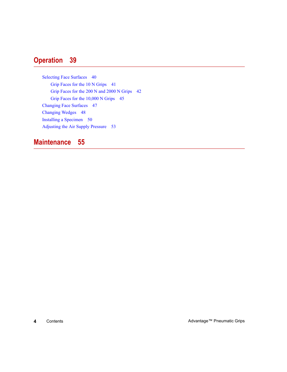 Operation 39, Maintenance 55 | MTS Advantage Pneumatic Grips User Manual | Page 4 / 58
