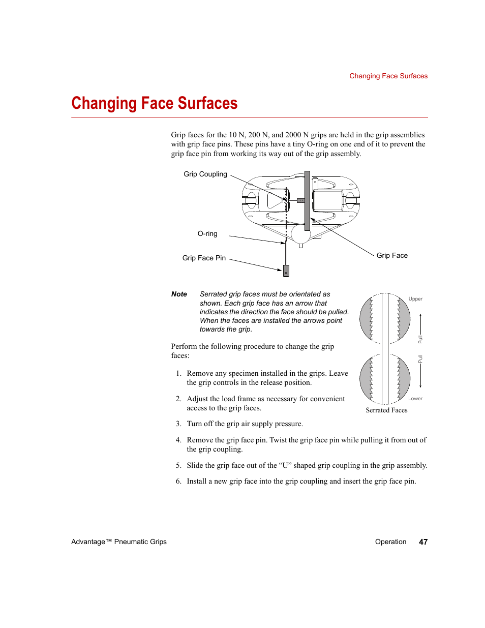 Changing face surfaces, Changing face surfaces 47 | MTS Advantage Pneumatic Grips User Manual | Page 47 / 58