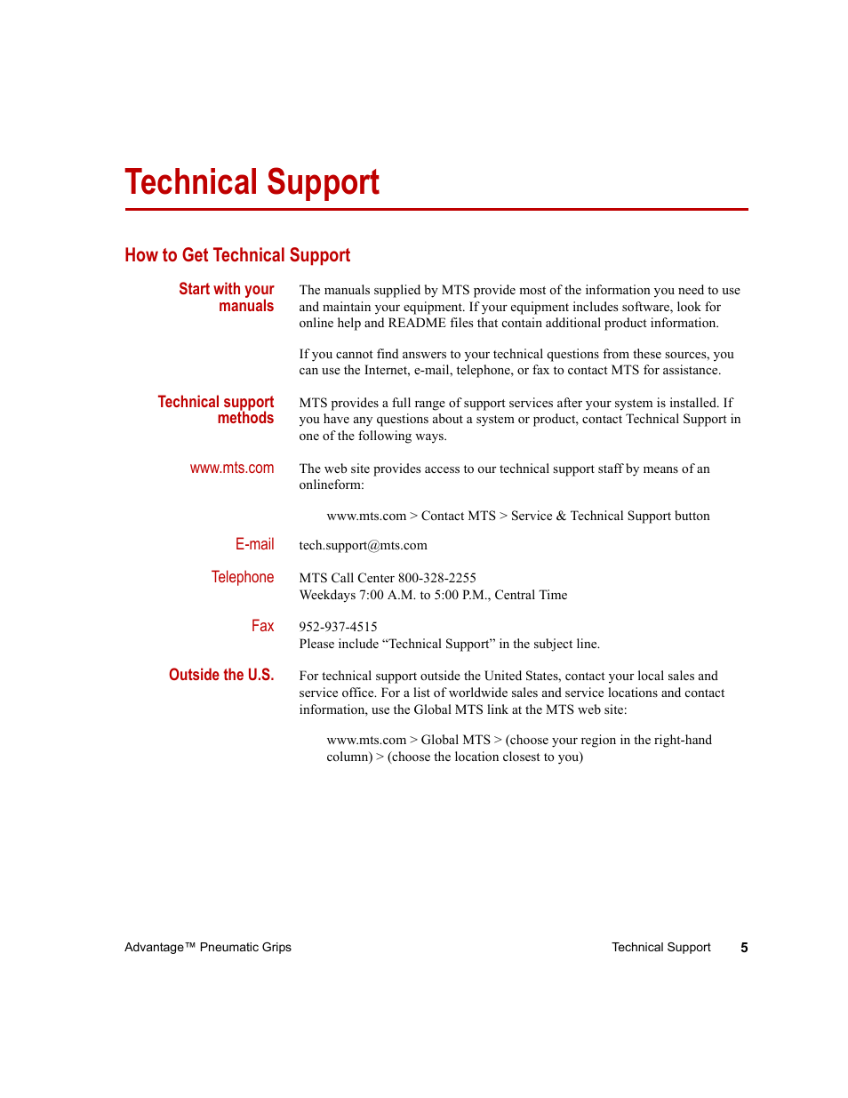 Technical support, How to get technical support, Technical support 5 | How to get technical support 5 | MTS Advantage Pneumatic Grips User Manual | Page 5 / 58